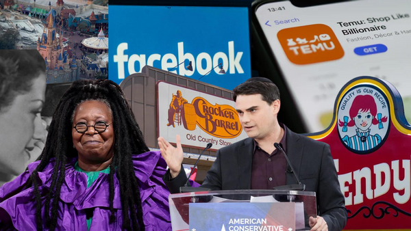 From top left clockwise, an image shows Disney World, the Facebook logo on a phone, the Temu app, a Wendy's sign, Ben Shapiro, Cracker Barrel, Whoopi Goldberg, and a white woman's face. The images run into each other, creating a collage.