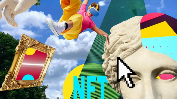 An image shows a lot of very online stuff, like NFTs and a mouse clicking on a Greek statute. Above the NFT, a kid is wearing a virtual reality headset. Below, a mirror is shown, while at the top left a hand is shown.